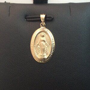 14K YELLOW REAL SOLID GOLD OVAL VIRGIN MARY MIRACULOUS MEDAL CHARM PENDANT 1.40G